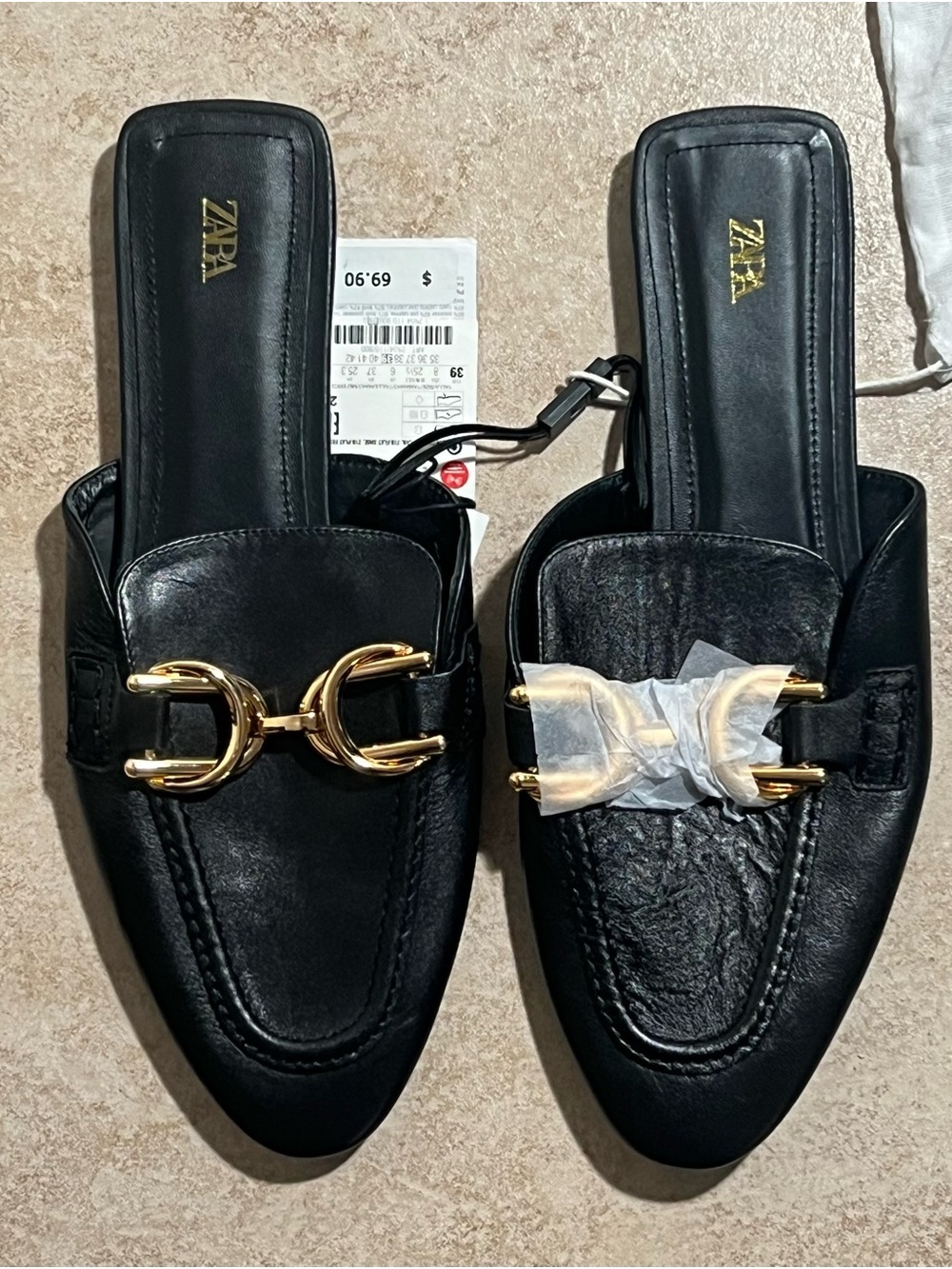 Zara Black Leather Mule Loafers with Gold Hardware